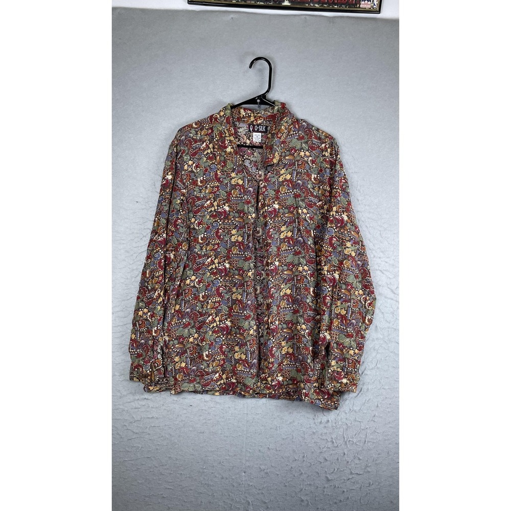 QUO-SILK Shirt Womens Medium Brown Paisley 100% Silk Button Front Long Sleeve